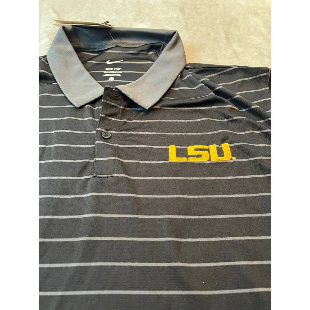 Nike LSU Tigers Polo Mens XXL Gray New Striped Dri-FIT Official On Court Apparel